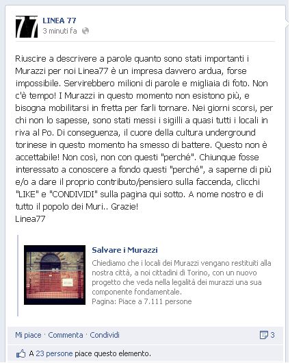 Status su Fb dei Linea 77 contro la chiusura dei Murazzi a Torino 