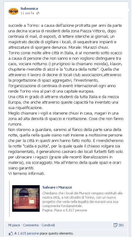 Status su Fb dei Subsonica contro la chiusura dei Murazzi a Torino 