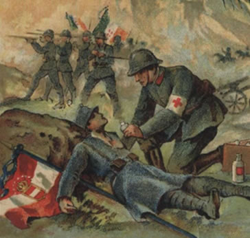 Quadro di unedico militare che applica il laccio emostatico ad un soldato ferito sul campo di battaglia
