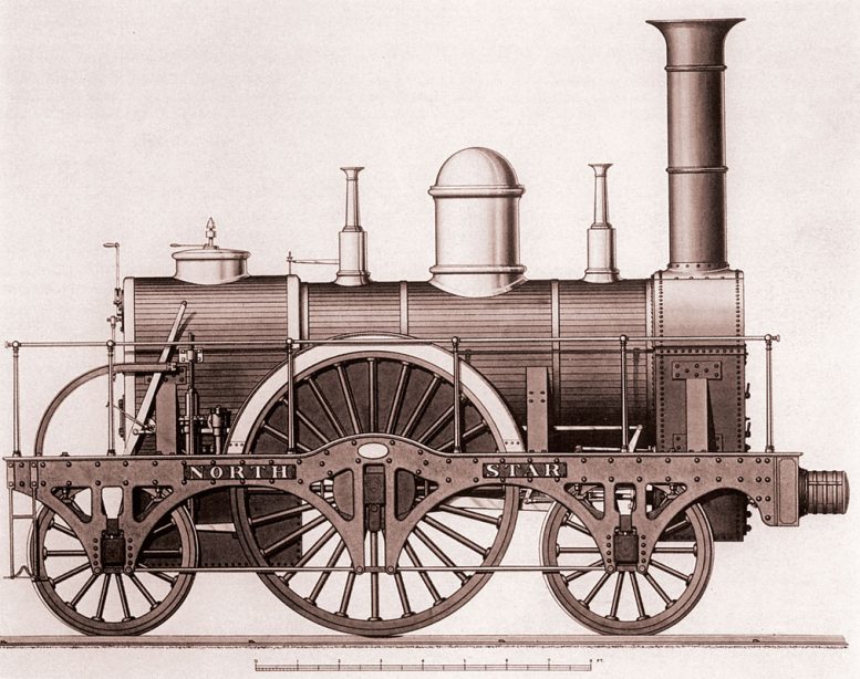 Disegno della prima locomotica dei fratelli Stephenson