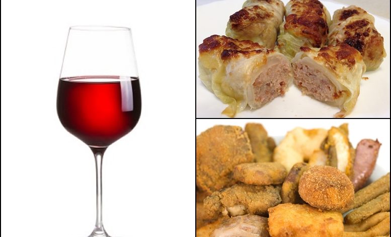 collage di foto: bicchiere vino rosso, capounet e fritto misto alla piemontese