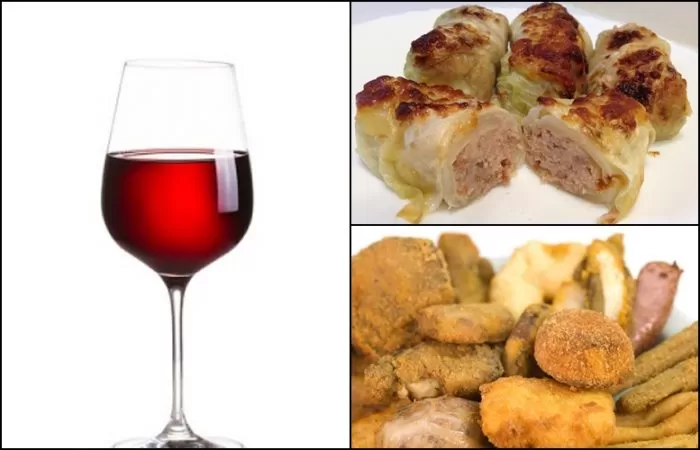 collage di foto: bicchiere vino rosso, capounet e fritto misto alla piemontese