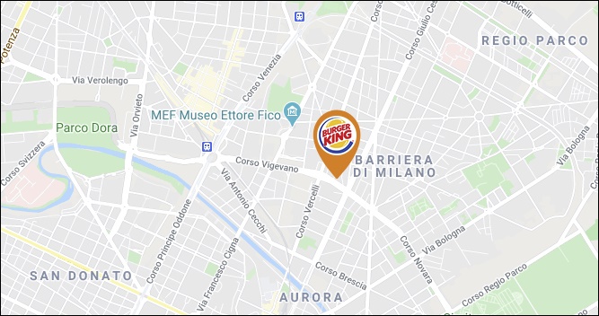 Cartina di Torino con indicazione Burger King di corso Novara