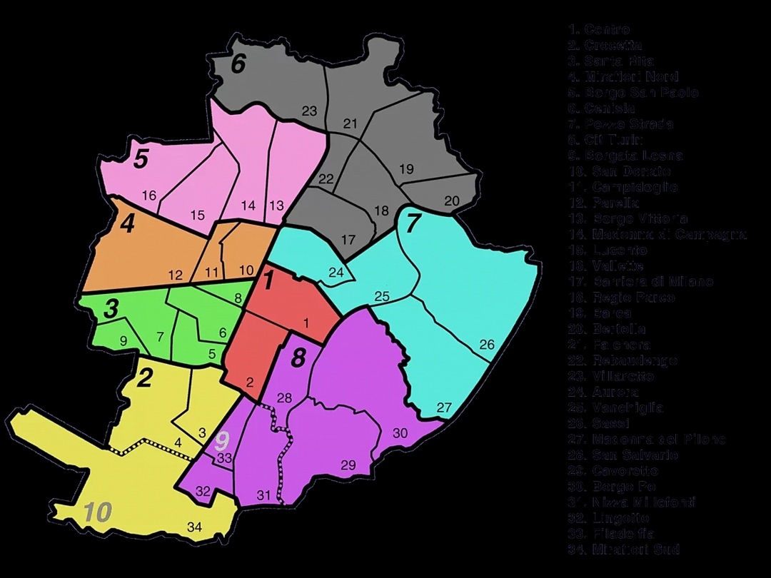 cartina sfondo nera con i quartieri (colorati) di Torino
