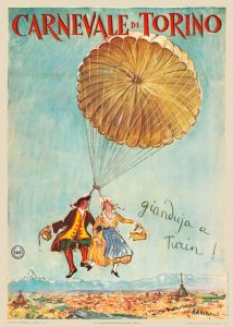 Stampa Carnevale di Torino, Gianduja e Giacometta con un paracadute e veduta di Torino