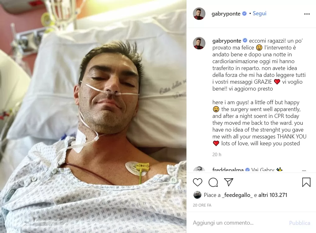 Post instagram Gabri Ponte post operazione