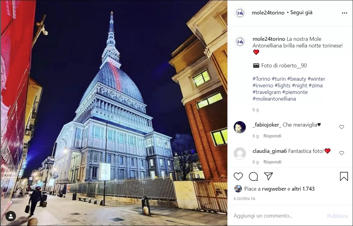 Mole Antonelliana di notte su Instagram si mole24torino