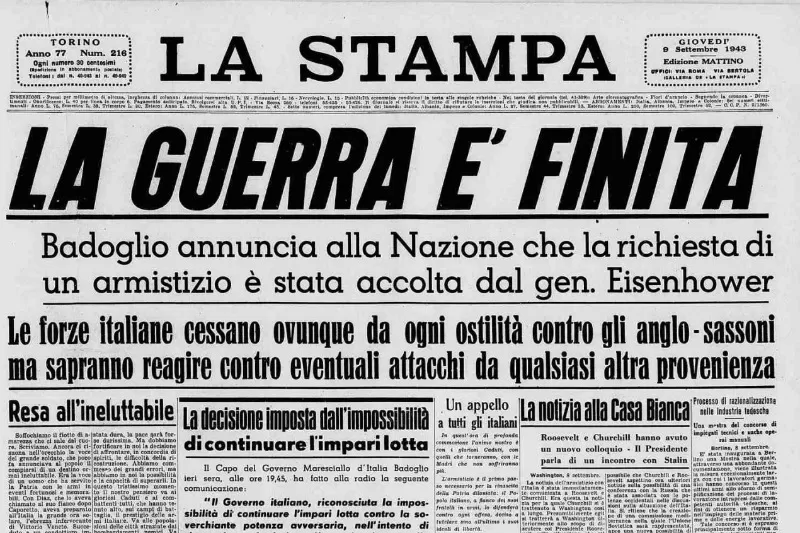 Prima Pagina del giornale La Stampa dell'8 Aprile 1943 annuncia l'armistizio