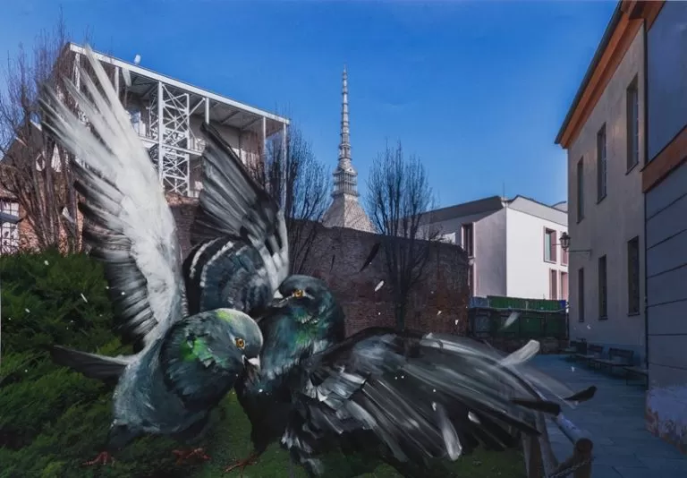 La mole Antonelliana sullo sfondo con un graffito di piccioni in primo piano