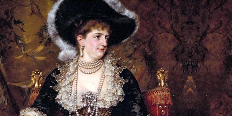 Ritratto della regina Margherita con gioielli e cappello
