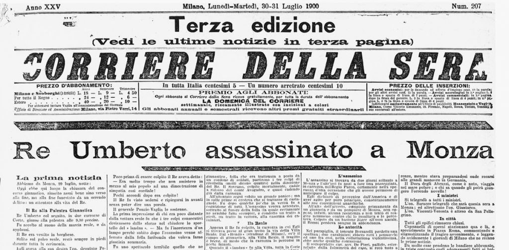 Prima pagina del Corriere della Sera che annuncia attentato Umberto I