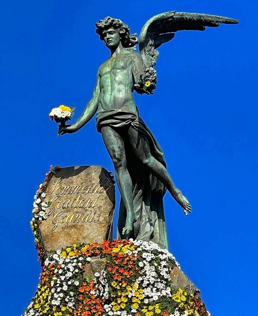 angelo della statua del Frejus con delle margherite