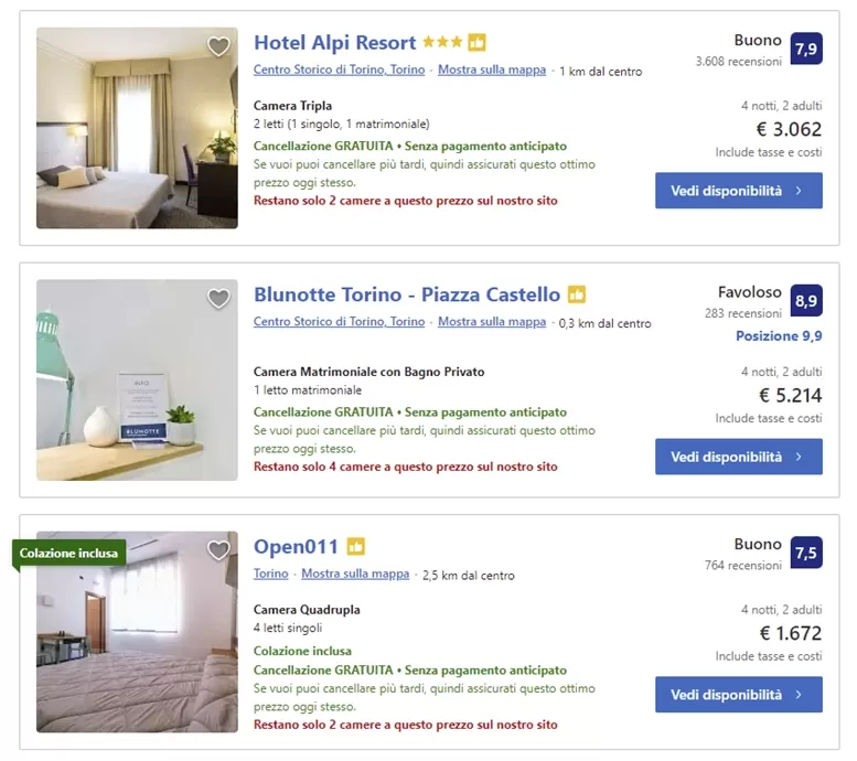 prezzi alberghi Torino su boking.com
