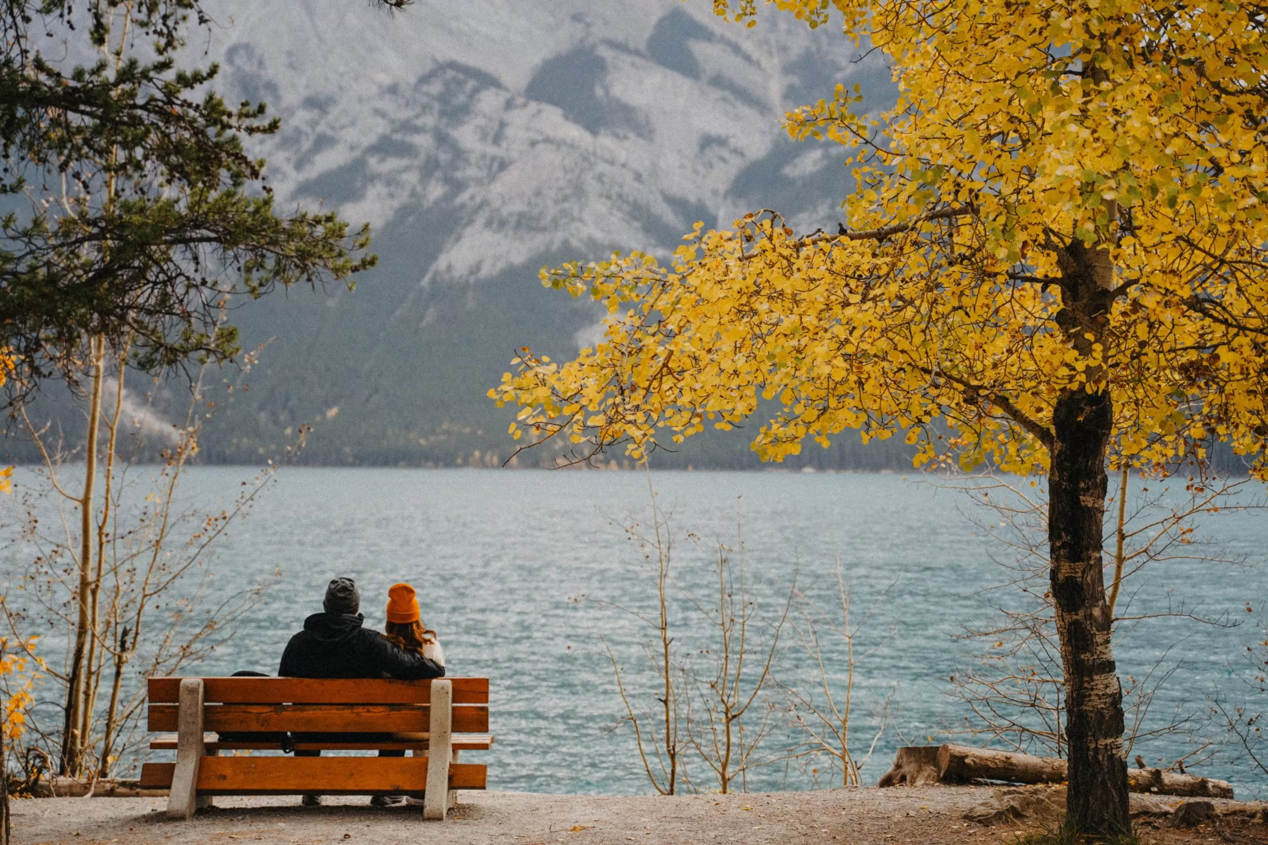 Una coppia su una panchina ammirando il lago d'autunno
