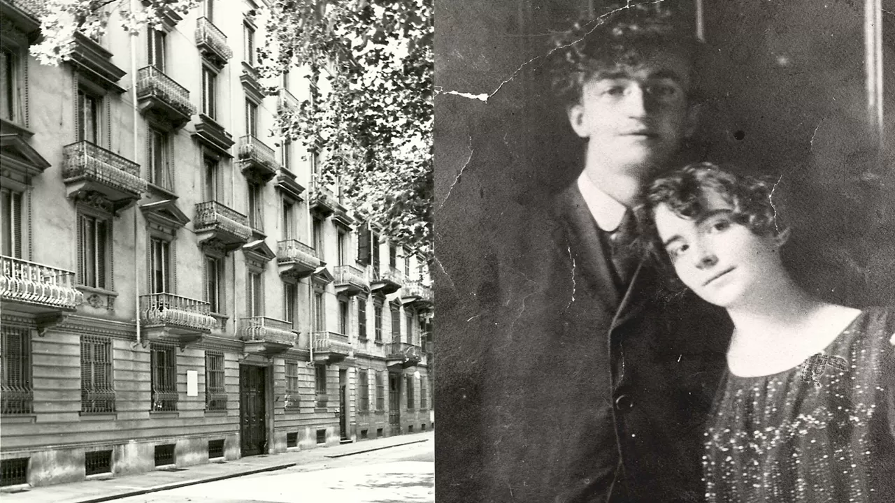 foto in bianco e nero di Piero e Ada Gobetti collage con palazzo
