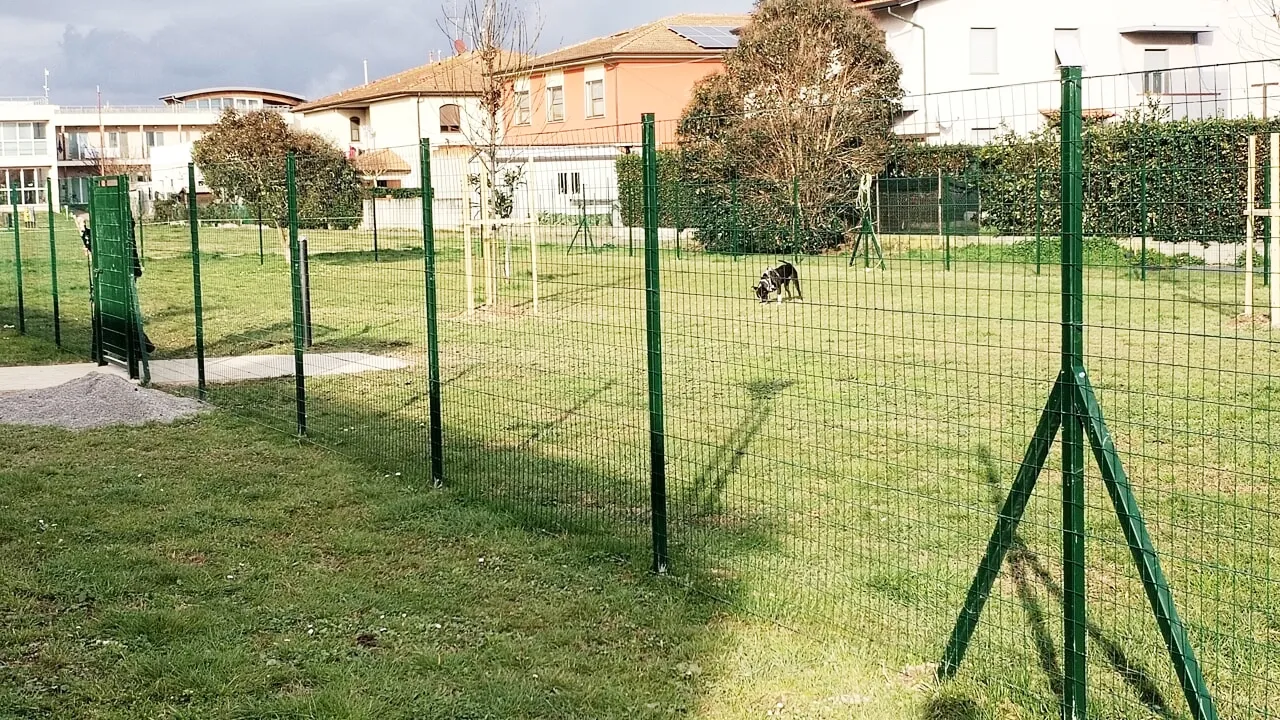 Area cani recintata con prato verde, dotata di ingresso con cancelletto, situata in un contesto residenziale con abitazioni sullo sfondo. Un cane gioca libero all'interno dell'area