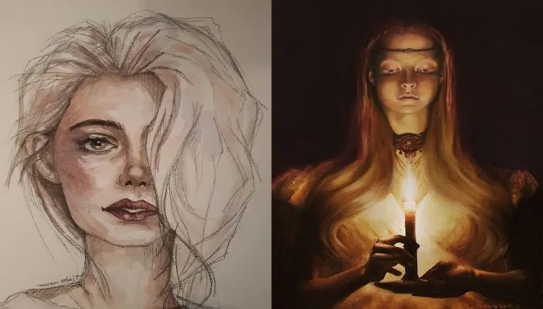 Due opere d'arte esposte alla Mostra Dalla materia allo spirito Rivoli 2025: a sinistra un ritratto femminile a tecnica mista di Simona Carretta, caratterizzato da tratti delicati e colori sfumati; a destra un dipinto di Elena Copetti, che raffigura una donna immersa nell'oscurità, illuminata dalla luce mistica di una candela