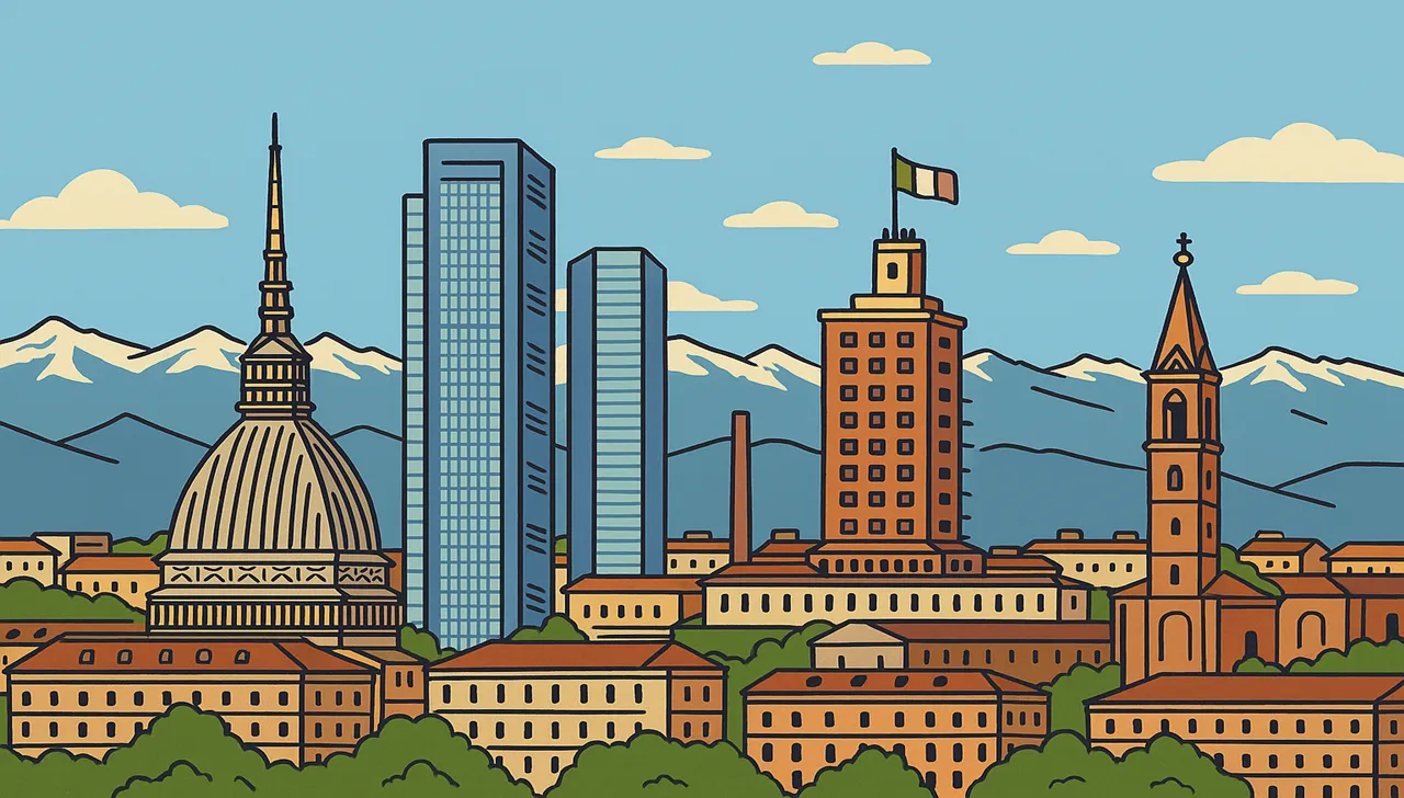 Illustrazione stilizzata dello skyline di Torino con i principali edifici più alti della città: la Mole Antonelliana, i grattacieli della Regione Piemonte e di Intesa Sanpaolo, la Torre Littoria, una ciminiera industriale e il campanile della chiesa di Santa Zita, sullo sfondo delle Alpi
