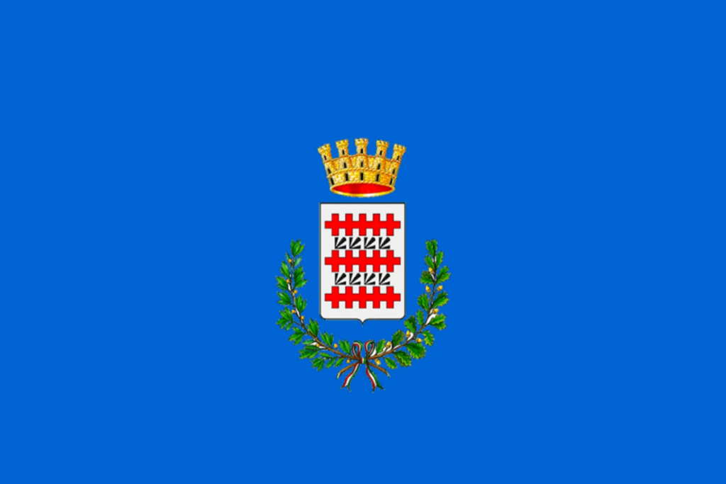 Stemma ufficiale del Comune di Caselle Torinese su sfondo blu, con scudo bianco e merlature rosse, circondato da rami di alloro e quercia e sormontato da corona comunale dorata