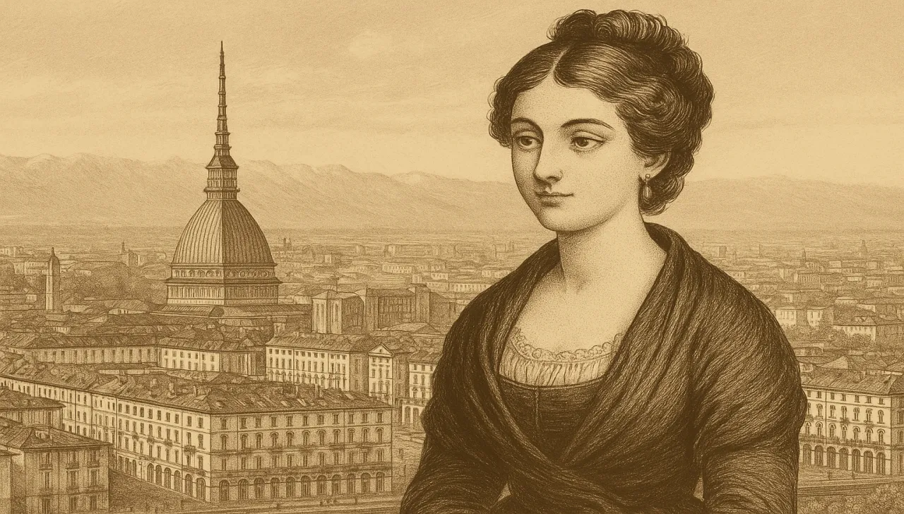 Illustrazione in stile incisione seppiata con una giovane donna dell’Ottocento in primo piano e sullo sfondo il panorama di Torino, con la Mole Antonelliana ben visibile tra i tetti della città.