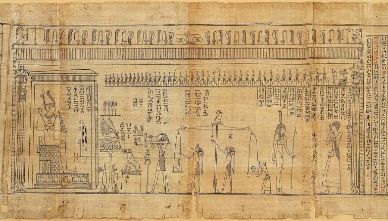 Scena della Psicostasia dal Libro dei morti di Iuefankh, con la pesatura del cuore di fronte a Osiride, Thot e Maat, illustrata su papiro egizio conservato al Museo Egizio di Torino