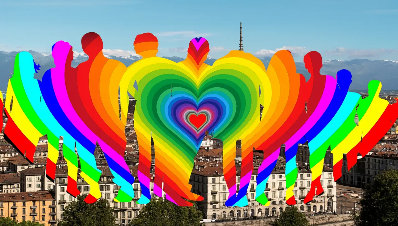 Illustrazione simbolica con sagome umane arcobaleno disposte a cerchio davanti alla città di Torino, con un cuore al centro, a rappresentare inclusione, identità di genere e riconoscimento del nome alias neile biblioteche e lavoro