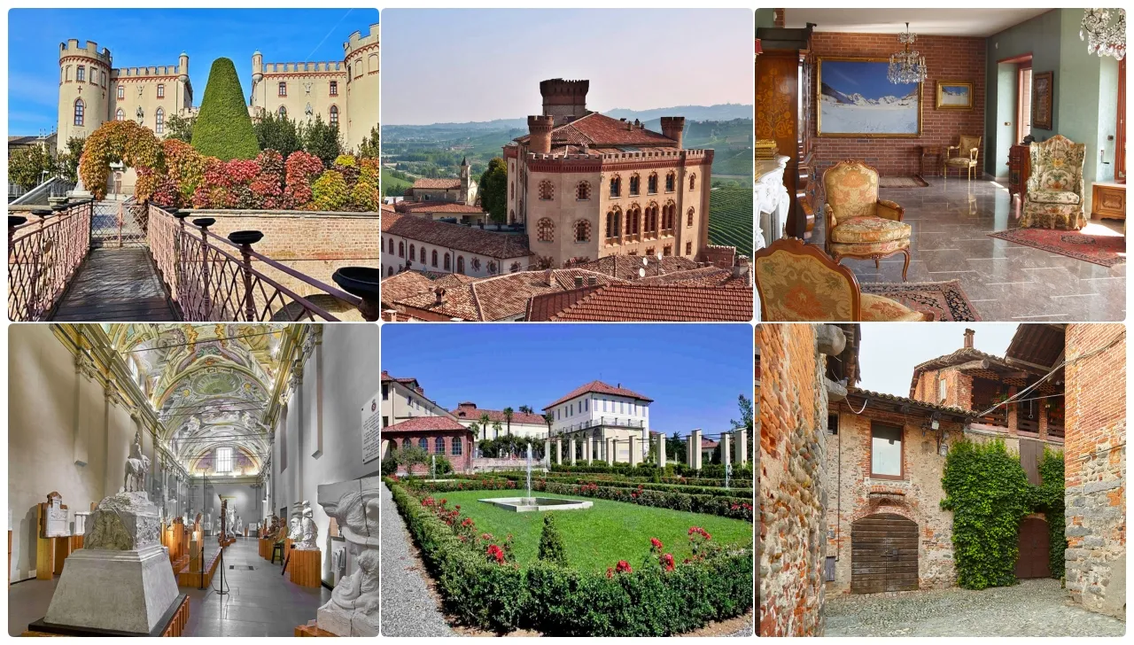 collage di 6 castelli, borghi e interni musei dell'evento castelli aperti Piemonte 31 agosto 2025