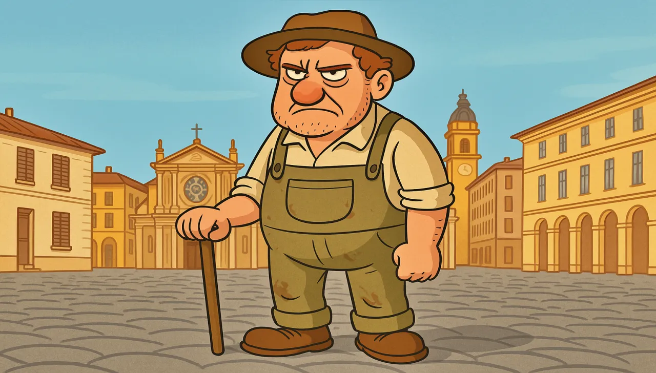 Illustrazione di un uomo robusto, con espressione burbera, vestito da contadino e con cappello marrone, ambientato in una piazza cittadina del Piemonte con edifici storici e una chiesa sullo sfondo. Rappresenta in modo caricaturale il significato del termine dialettale piemontese