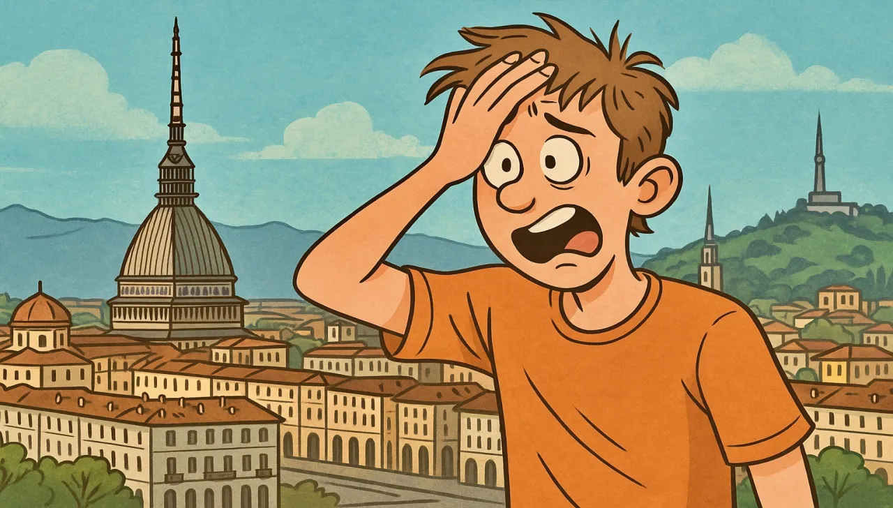 Illustrazione in stile cartoon di un giovane con espressione scioccata e la mano sulla fronte, ambientata a Torino con la Mole Antonelliana sullo sfondo