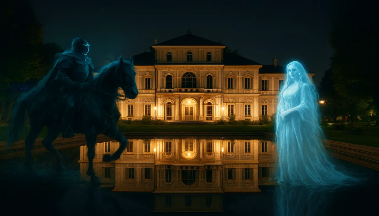 Leggenda Parco della Tesoriera Torino: cavaliere nero a cavallo e dama fantasma davanti alla villa illuminata di notte