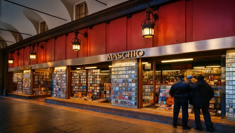 Vetrina storica del negozio di dischi Maschio in piazza Castello a Torino, con esposizione di CD e vinili e due clienti che osservano dall’esterno