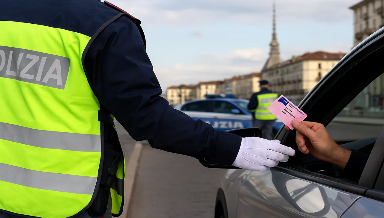 Controllo stradale a Torino con agenti di polizia municipale che ritirano una patente di guida, simbolo delle 803 sospensioni registrate nei primi sei mesi del 2025
