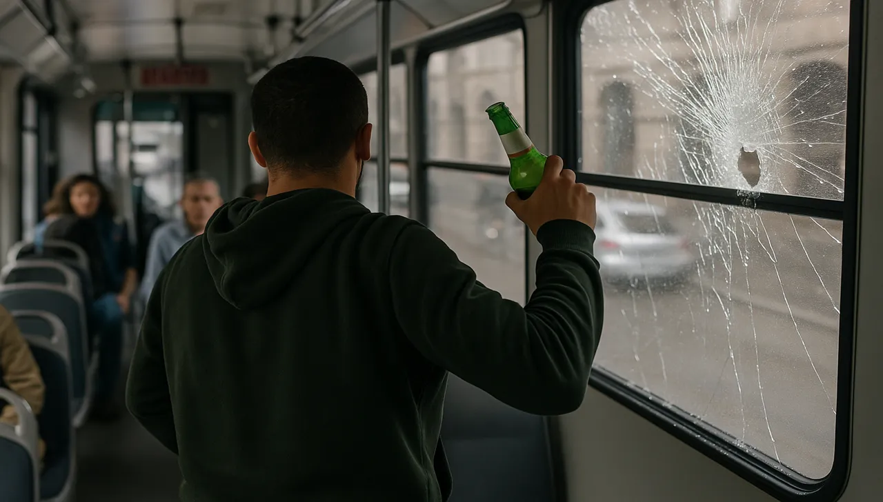 Immagine generata con intelligenza artificiale: aggressione sul bus GTT linea 18 a Torino nell’agosto 2025, uomo con bottiglia e vetro rotto