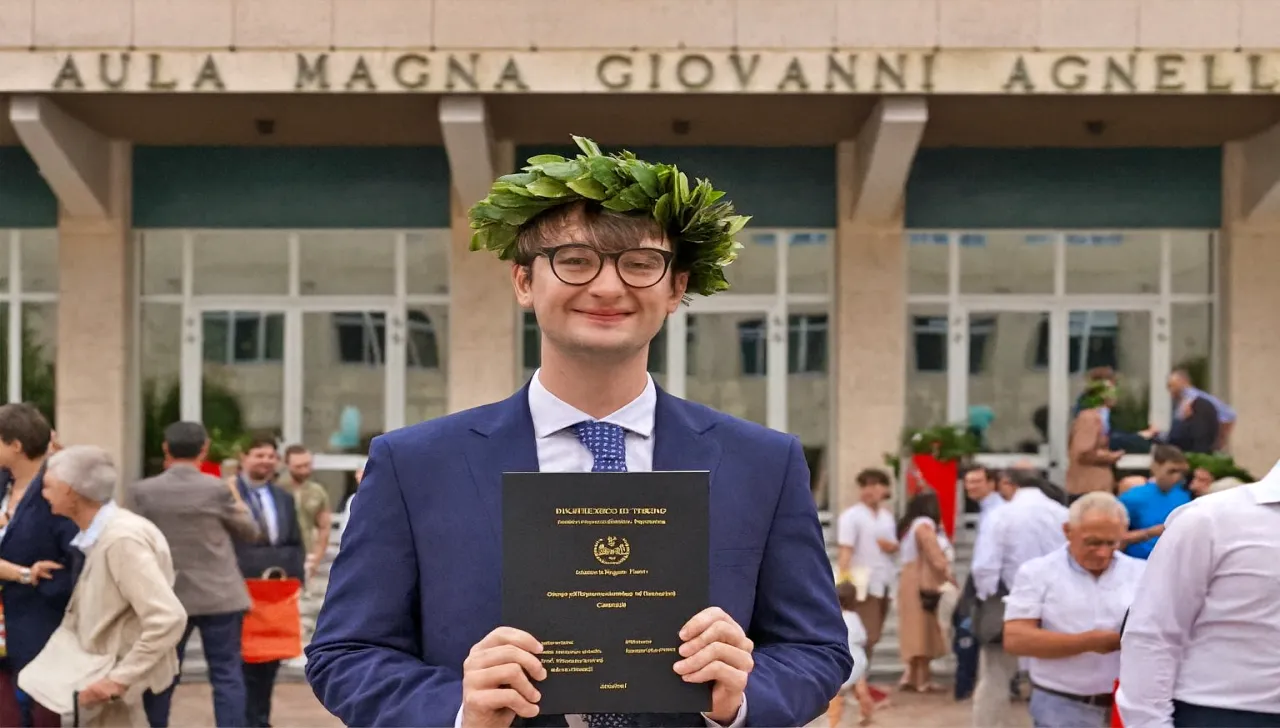 Marco Parentin, il primo laureato al corso di laurea di ingegneria quantistica di Torino, con la corona di alloro in testa e la tesi di laura in mano davanti all'aula Magna GIovanni Agnelli del Politecnico di TOrino