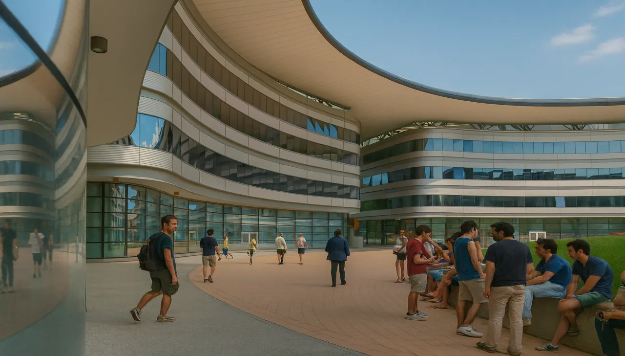 Veduta di un moderno campus universitario a Torino con studenti che camminano e conversano all’aperto, circondati da edifici curvilinei con ampie vetrate.