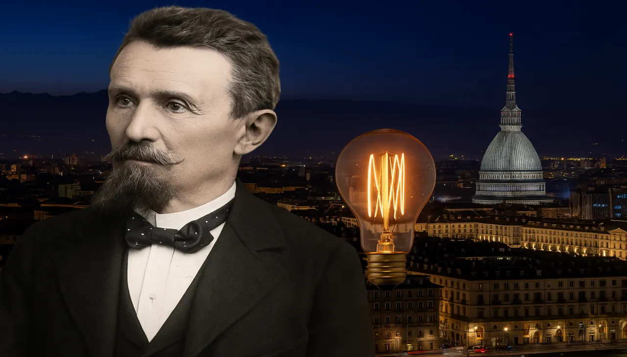 Ritratto di Alessandro Cruto, inventore della lampadina a incandescenza in Italia, con sfondo di Torino e Mole Antonelliana illuminata