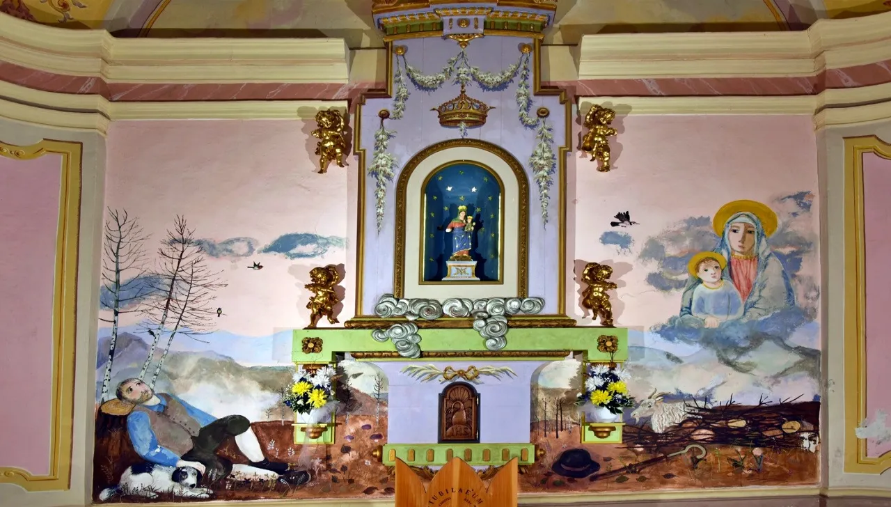Affresco e altare del Santuario della Madonna della Bassa di Rubiana: il pastore Lorenzo Nicol durante il miracolo e la Madonna con Bambino, testimonianza della devozione popolare