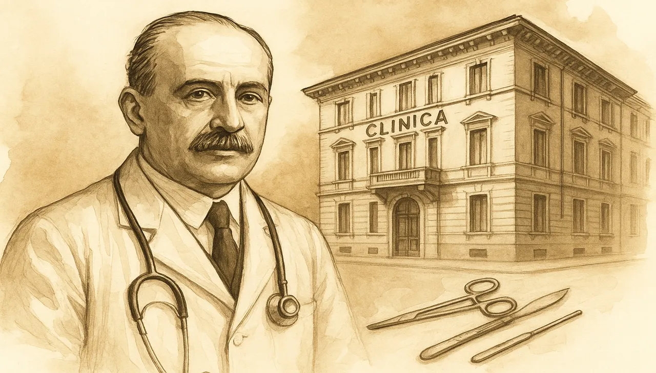Arturo Pinna Pintor con edificio della clinica torinese del 1904