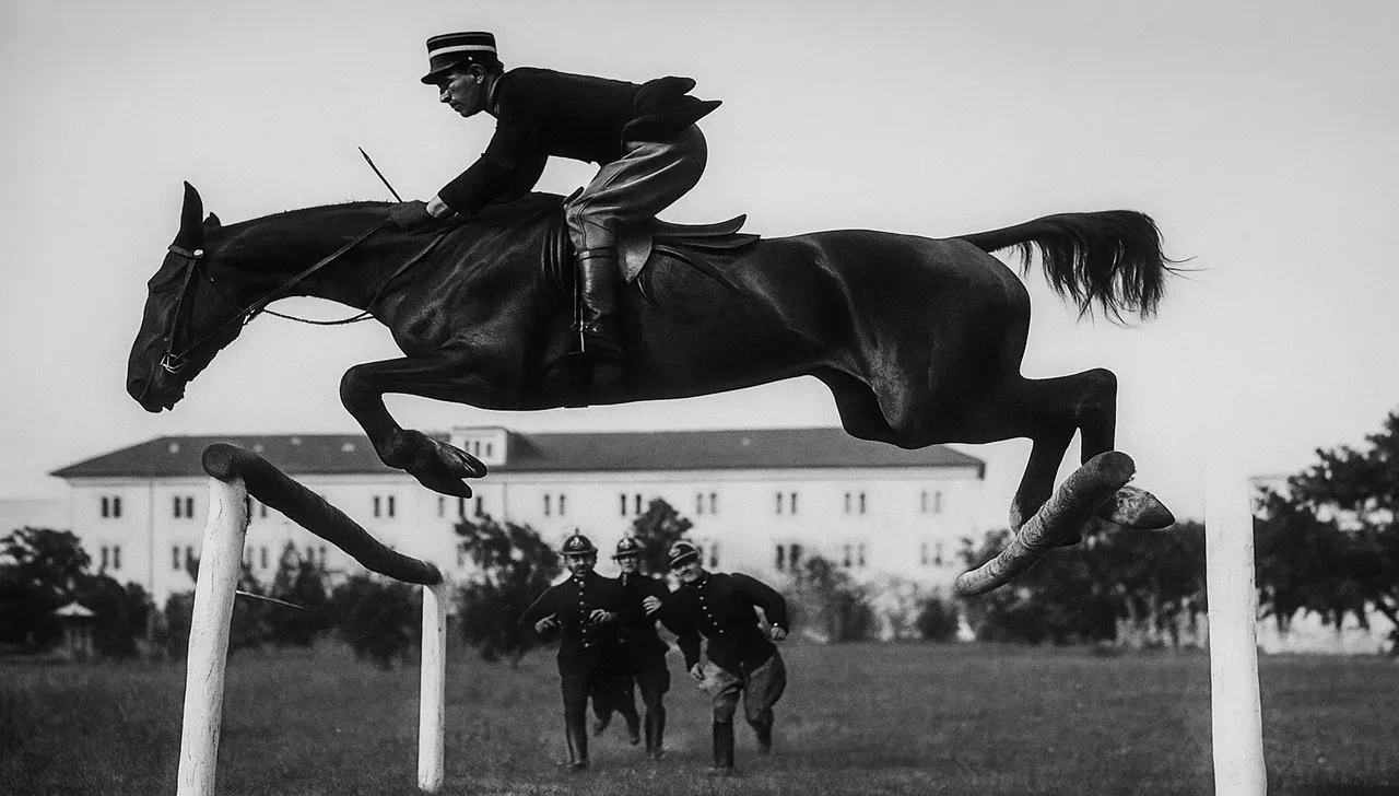 Generale Emanuele Beraudo di Pralormo in un salto ostacoli con cavallo, foto storica in bianco e nero, militari sullo sfondo in addestramento