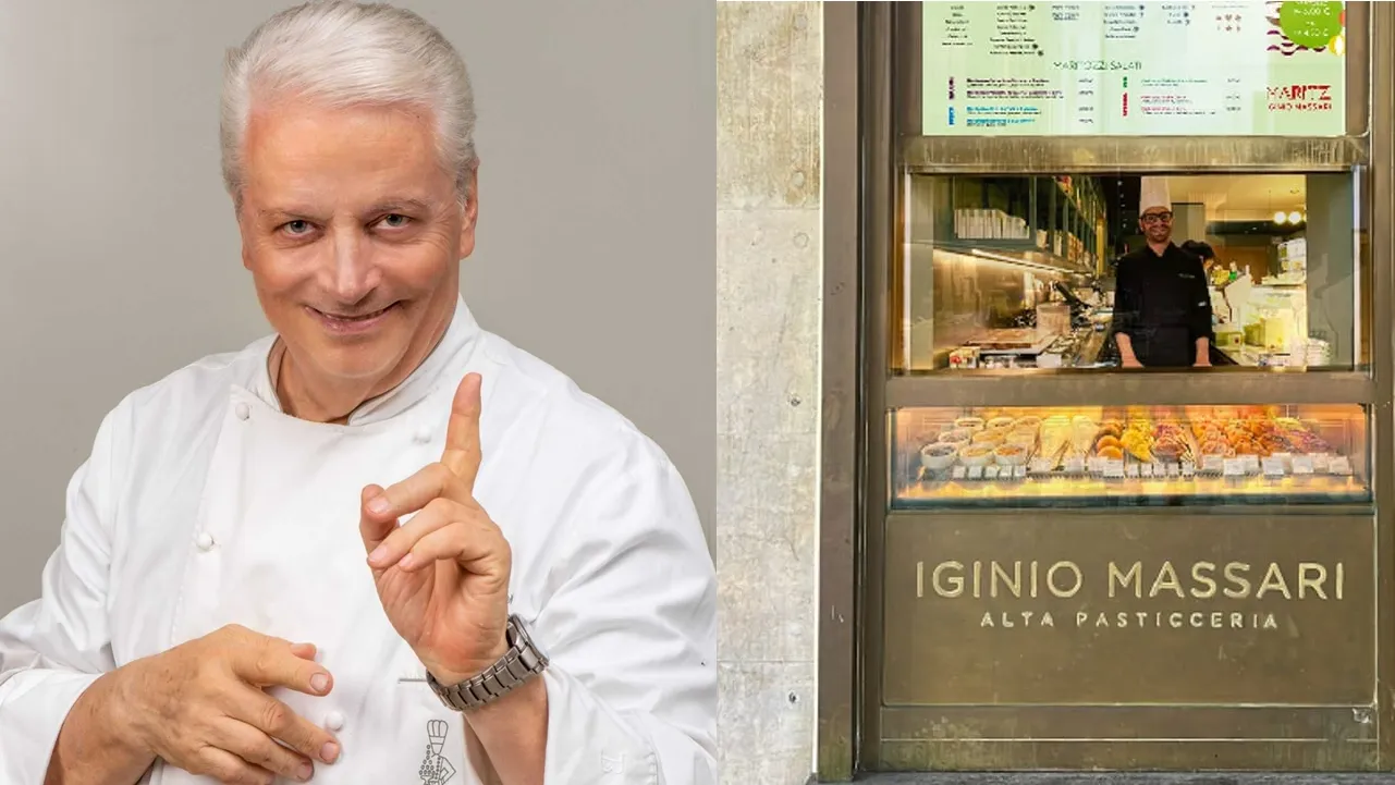 Maritz la maritozzeria torinese di Igino Massari: vetrina della pasticceria in piazza CLN e chef che indica con il dito
