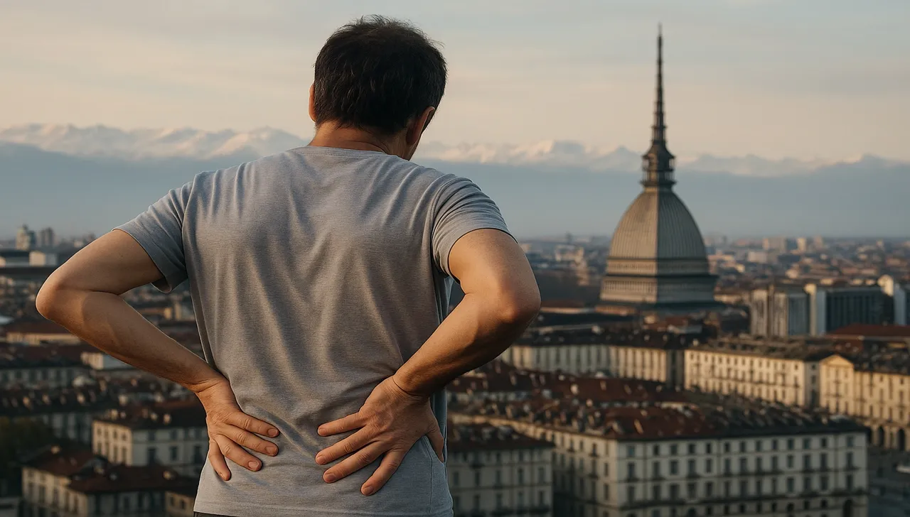 Quanti piemontesi hanno mal di schiena nel 2025: uomo con dolore lombare sullo skyline di Torino