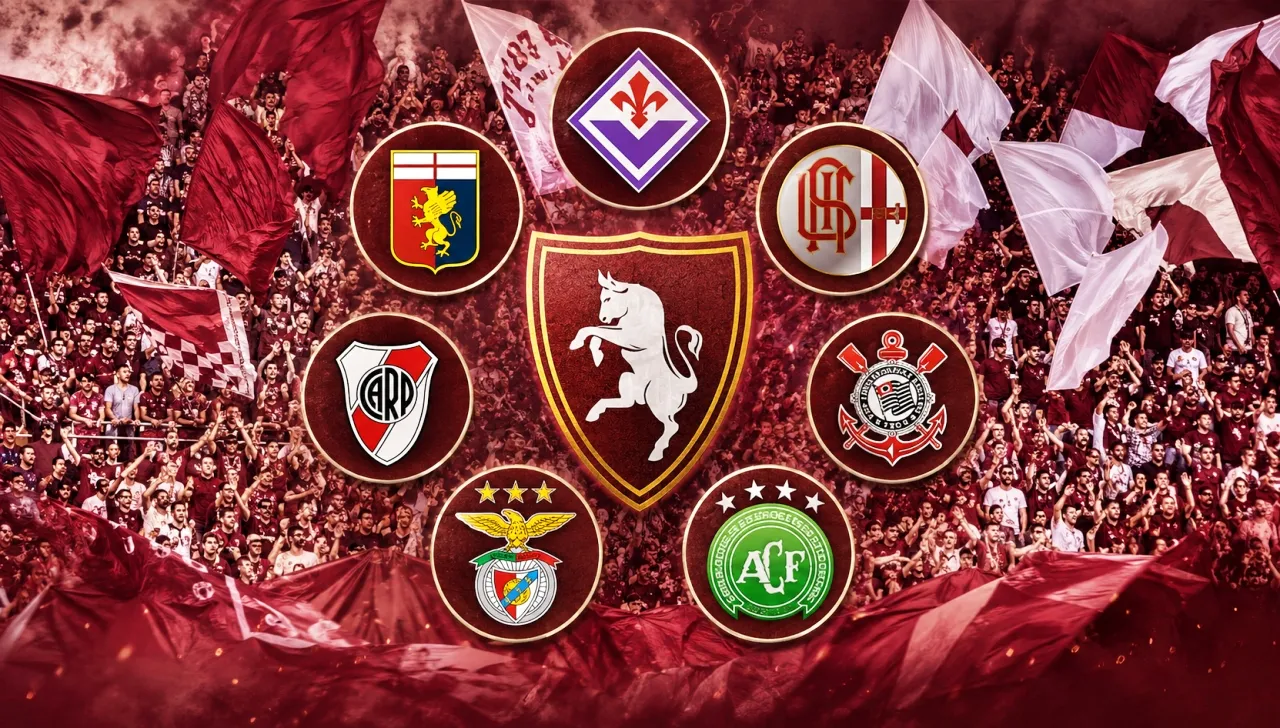 stemma del Torino FC con gli stemmi di Fiorentina, Genoa, Alessandria, River Plate, Corinthians, Benfica e Chapecoense, simboli dei principali gemellaggi e rapporti di amicizia granata