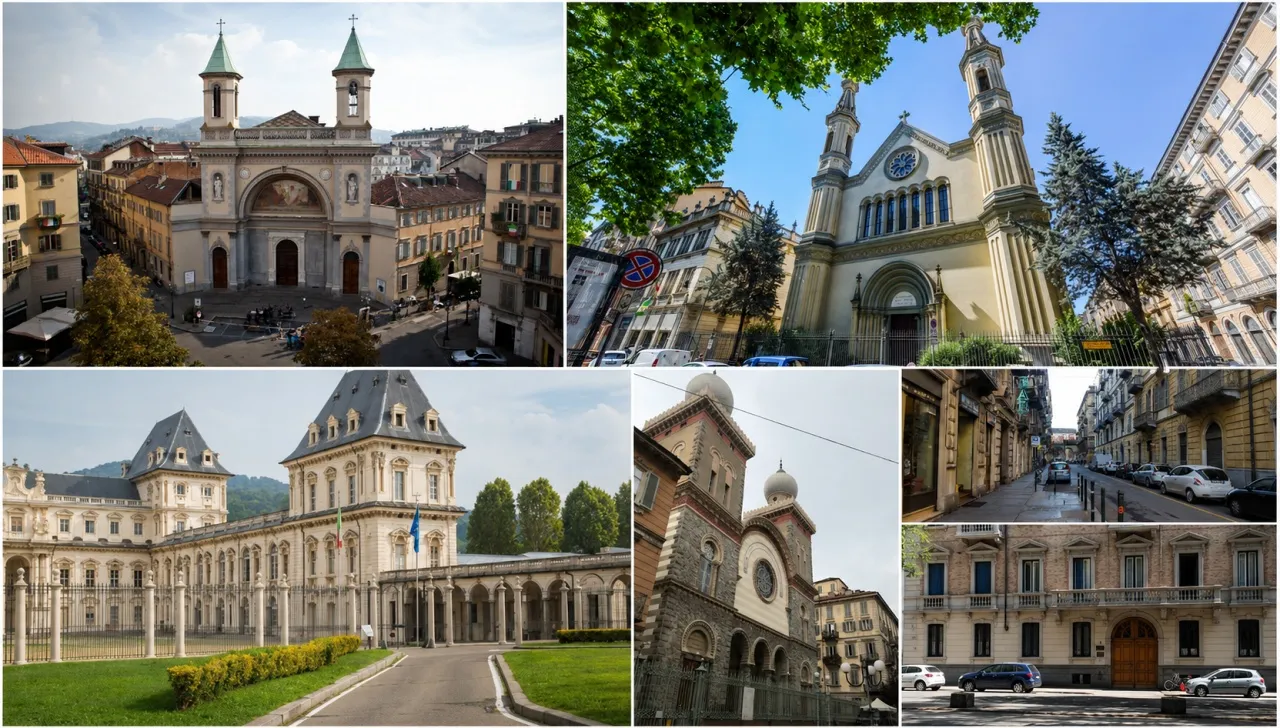 Mosaico del quartiere San Salvario di Torino con Castello del Valentino, Sinagoga, chiese storiche, vie urbane e palazzi d’epoca