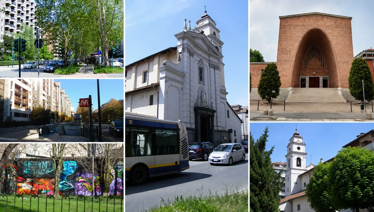 Quartiere Pozzo Strada di Torino con viali alberati, stazioni della metropolitana, chiese storiche, architetture moderne e spazi urbani decorati da murales